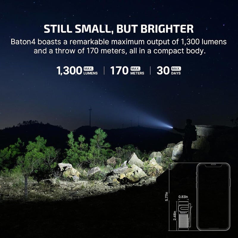 OLIGHT Baton4 Rechargeable EDC Flashlight, LED Pocket Light 1300 Lumens with Magnetic Charging Cable, 6 Modes, Powerful Bright IPX8 Waterproof for Home, Camping and Emergencies (Orange) - Image 3